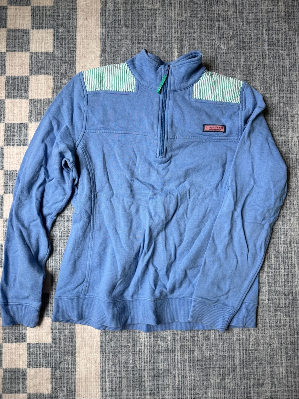 Vineyard Vines Light Blue Quarter-Zip Sweater with Mint Shoulder Stripes